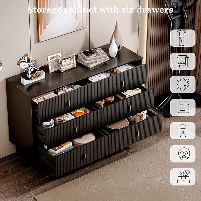 Chrangmay Modern Chest of Drawers with 6 Drawers,Deep Drawers,Clothes Organizer,Large Storage Cabinet for Living Room, Bedroom,Hallway,with Anti-Tipping Device,Black