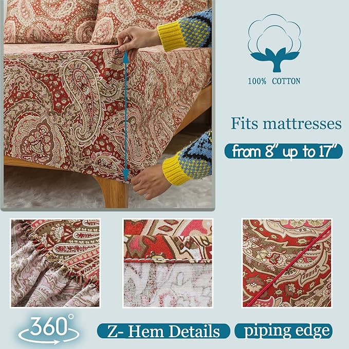 Zusbest King Size Sheets 100% Cotton Burgundy Red Paisley Patterned Bed Sheet Set Luxury Soft Breathable Crispy Cooling Percale Printed Deep Pocket Boho Bed Set 17.5 Inches, 4 Pieces