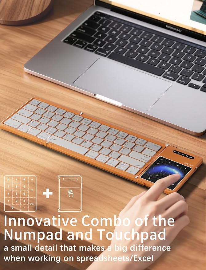 Nillkin Upgraded Foldable Bluetooth Keyboard with Touchpad & Number Pad, Portable Wireless Keyboard for Travel, Pocket-Sized, Full Size Keys, Support 3 Devices for iPad Laptop Tablets Phone, Orange