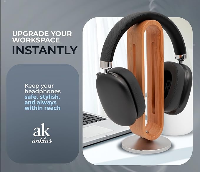 ak anklas Headphone Stand for Desk – Premium & Minimalist Headset Holder with Round or Oval Base for Gaming, Office & Home (Bamboo, Oval)