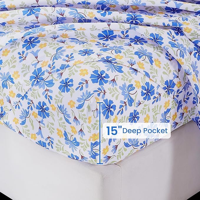 Softan Vintage Blue Floral Twin Bed Sheets, Cozy Microfiber Flower Printed Sheets with 15" Deep Pocket Fitted Sheet & Non-Slip Straps, Patterned Floral in Blue & Amber Sheets & Pillowcase Set