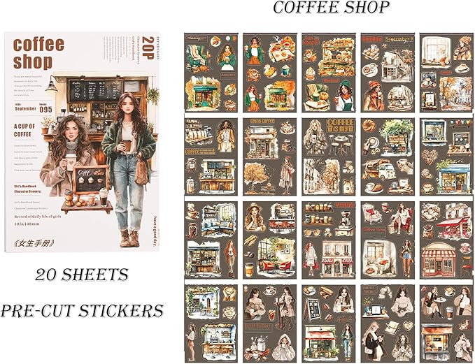 Auguro Scrapbooking Sticker 20 Sheets 120 Pre-Cut PET Coffee Shop Girls People Stickers Books for journaling Scrapbook Supplies Coffee Sticker Book for Scrapbooking