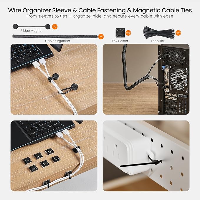 EUREKA ERGONOMIC 316 PCS Cable Management Organizer Kit Cable Raceways, 6 Cable Holder, 4 Cord Sleeve, 60 Wire Clips,2 Roll Self Adhesive Wire Ties, 100 Zip Ties for Office Home Under PC Desk, Black