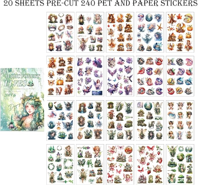 Auguro Scrapbook Fantasy Stickers 20 Sheets 240 Pre-Cut Washi Stickers for Journaling PET Transparent Fairy Sticker Decorative or DIY Paper Crafts, Arts and Crafting Projects