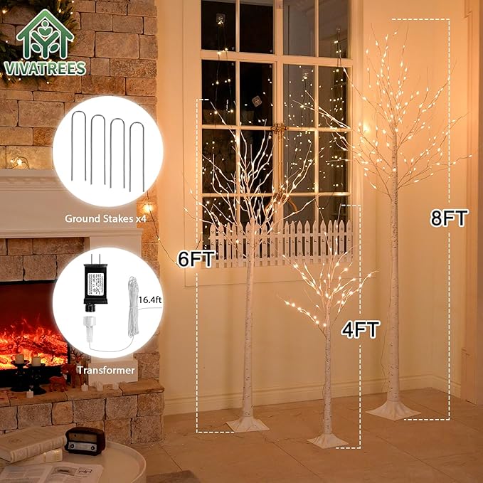 4ft & 6ft & 8ft LED Birch Tree Set, with Warm White Lights for Outdoor Indoor Christmas & Wedding Decor (3 Sizes Pack)