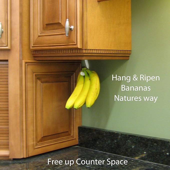 Gadjit Banana Hook (2 Pack) Hanger - Under Cabinet Hook to Hang Bananas. Folds Up Out of Sight When Not in Use. Mounting Adhesive Included. Prevents Bruising (White)