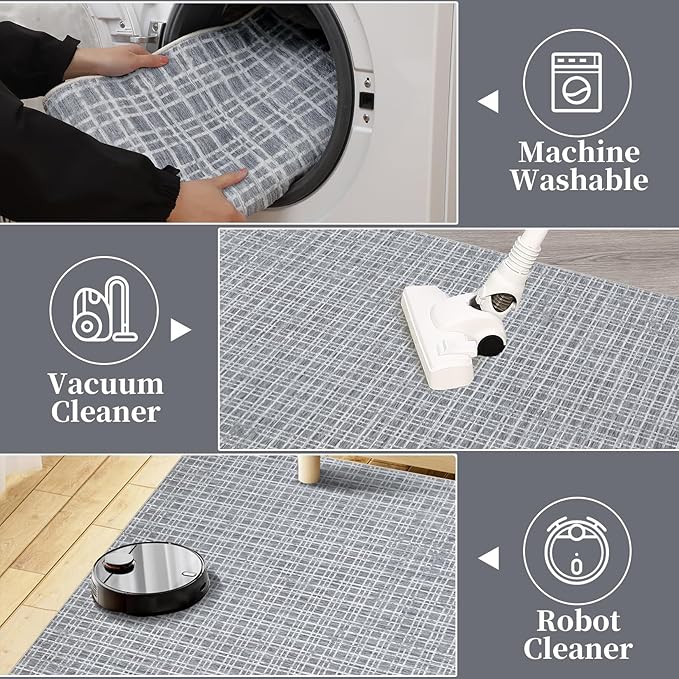 Washable Runner Rug for Entryway 2x6 Modern Plaid Non Slip Kitchen Rug Bathroom Rugs Grid Throw Rugs Soft Faux Wool Stain Resistant Carpet for Laundry Hallway Bedside 2'x6' Grey
