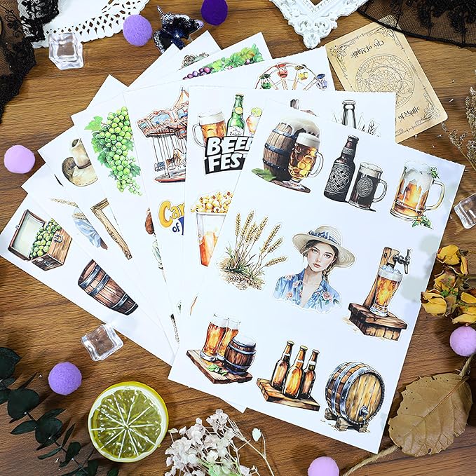 Snycler Sticker Book - 20 Sheets Vintage PET Stickers for Scrapbooking, Junk Journaling, Ephemera, and Decorative Crafts-Bubbly Feast