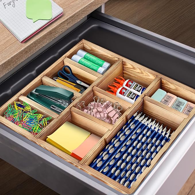 TEESSFROOD Desk Drawer Organizer Tray with 9 Adjustable Compartments, Wooden Office Desk Accessories Supplies Organization Storage for Desktop Bathroom Vanity Makeup 12" x 9" (Brown)