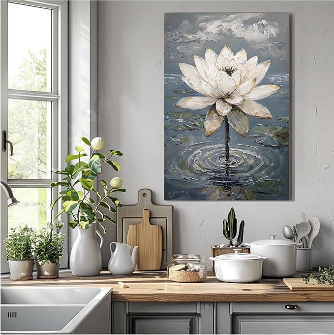 Stunning white lotus emerges from prismatic water with delicate petals background Serene aquatic wall art suitable for modern minimalist decor 8x12in Frameless