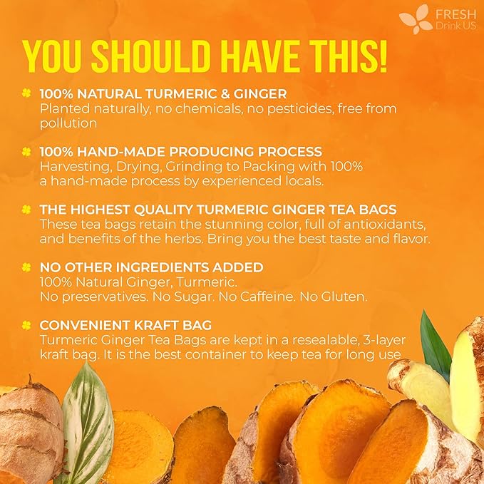 FreshDrinkUS, Premium 85 Ginger Turmeric Tea Bags, 100% Natural Ingredients, Hand-made Blend of Ginger and Turmeric Herbal Tea, Eco-conscious Tea Bags. No Sugar, No Caffeine, No Gluten, Vegan.