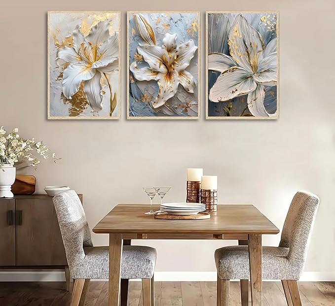 3Pcs Abstract Golden White Flower Wall Art Boho Gold Foil Blossom Canvas Oil Painting 2D Plane Textured Floral Wall Decor Nordic lily Posters Prints for Living Room Bedroom Office Pictures Unframed