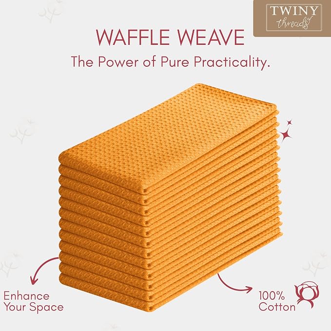 TWINY threads Kitchen Towels Set of 6, 100% Cotton Waffle Weave Easter Dish Towels, Tea Towels with Hanging Loop, Washable Bar Towels for Table Cleaning, Dinning, Parties- 16"X 26"-Mustard Yellow
