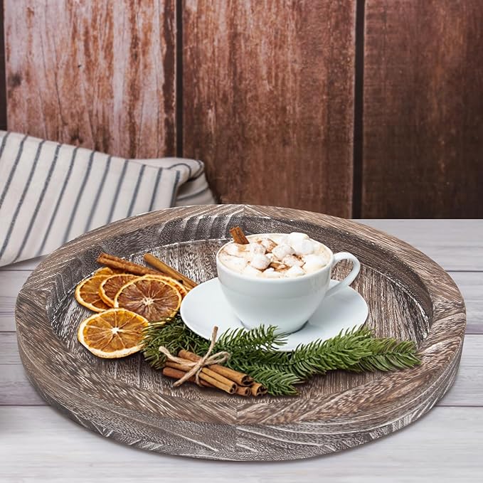 Round Decorative Wood Trays for Coffee Table Counter Farmhouse Kitchen Home Decor Centerpiece Small Wooden Candle Holder Tray Circular Serving Platter Circle Rustic Dining Table Bathroom Perfume Tray