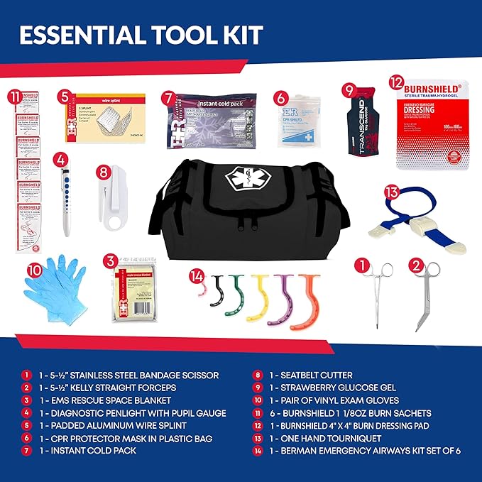Fully Stocked Trauma First Aid Kit – First Responder II Bag with Tools, Gauze, Bandages, Scissors & Gloves – Compact & Portable – OSHA and ANSI Compliant – Black