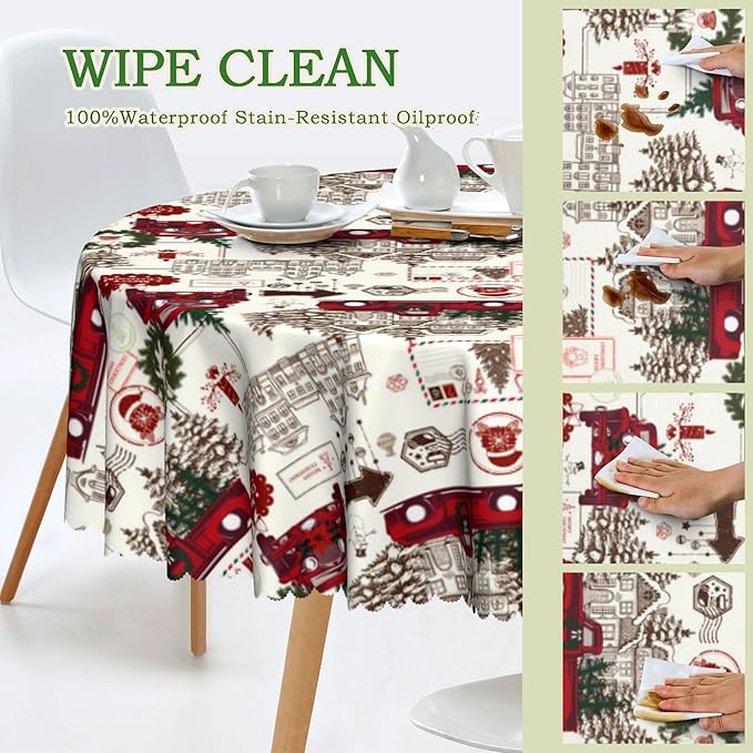 Eikione 70 Inch Round Merry Christmas Tablecloth, Truck Christmas Tree Tablecloth, Stain Resistant Dining Table Cover for Holiday Decor