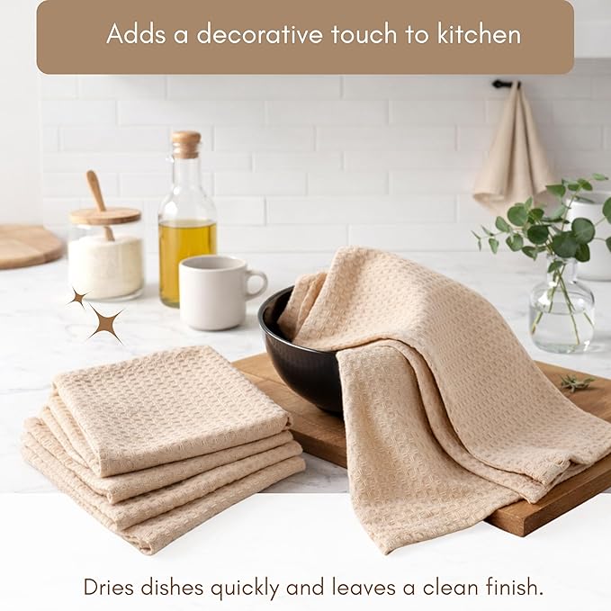 TWINY threads Waffle Kitchen Towel Pack of 4, 16x26 Inches, Premium 100% Cotton Kitchen Linen Set, Absorbent Dish Cloths for Cleaning and Drying, Machine Washable, Durable, Quick Dry, Beige