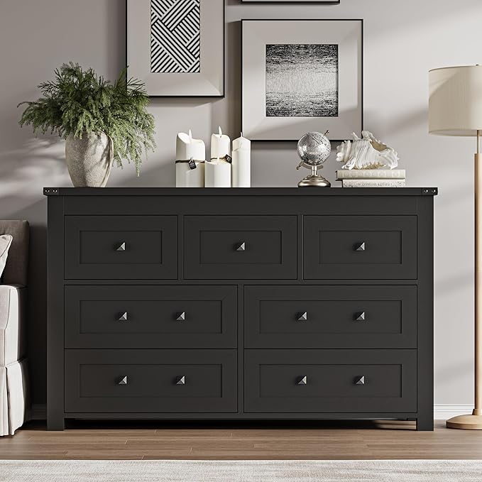 BORNOON 7-Drawer Dresser, Modern Wooden Storage Chest of Drawers, Dresser TV Stand, Wood Drawer Organizer with Metal Handles for Bedroom, Living Room, Hallway
