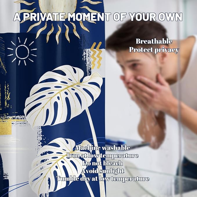 Small Stall Narrow Shower Curtain Blue and White Stand Up Abstract Navy Blue and Gold Boho Shower Curtains for Rv Camper Bathroom Decor Sets, Waterproof Cloth Fabric with Hooks, 36 x 72 Inch