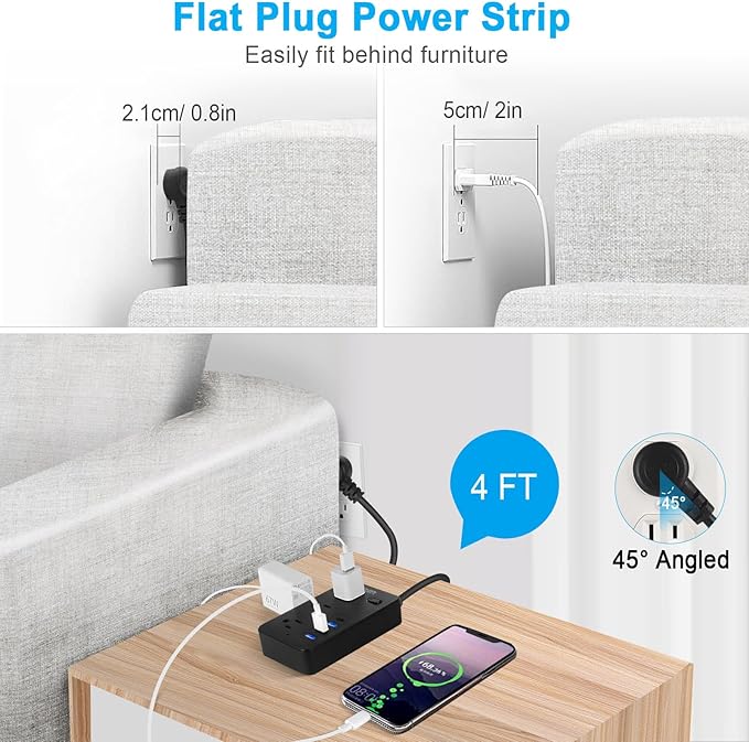 20FT Extension Cord with Multiple Outlets, Asamoom 20 ft Surge Protector Power Strip with 6 Outlets with 4 USB Ports(1 USB C)，Flat Plug with Long Cord 1700 Joules Protection for Home Office Black