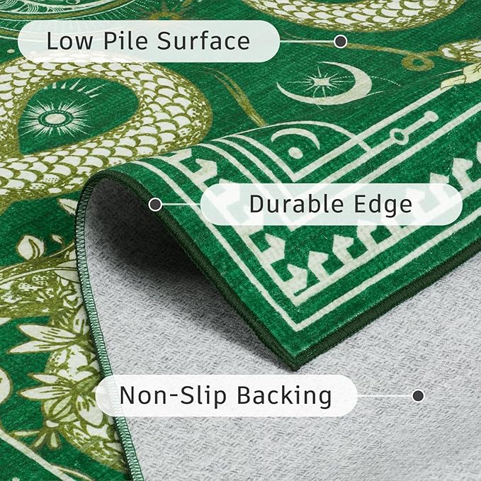 DCX Washable 9x12 Snake Rug, Green Gothic Rug for Living Room, Soft Low Pile Carpet, Kid & Pet Friendly with Rubber Back Non Slip, Stain Resistant Rug for Bedroom Dining Room Office