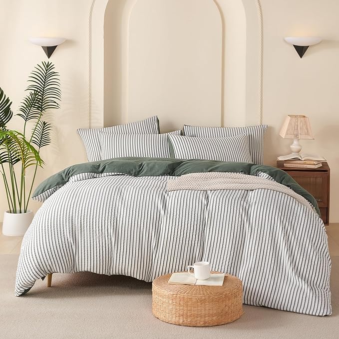Duvet Cover Set Queen Striped Washed Microfiber Jacquard 3 Pieces Bedding Set, Green White Vertical Ticking Stripes Pattern Comforter Cover with Zipper Closure Breathable Durable Soft Comfy