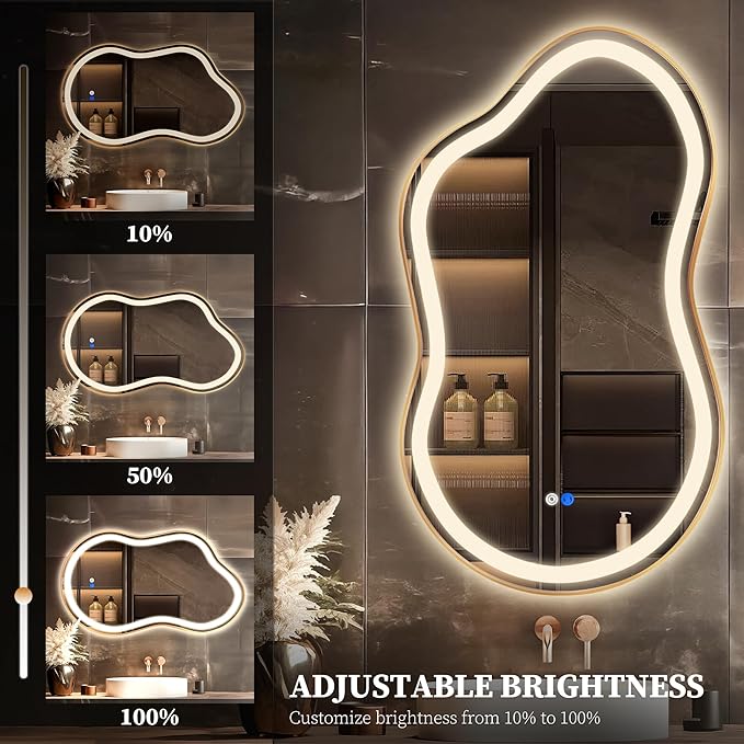Irregular LED Bathroom Mirror with Lights, Cloud Smart Backlit Mirror, Dimmable Lighted Bathroom Gold Mirror with Anti-Fog, Asymmetrical Vanity Mirror Hangable 2 Ways (Gold, 24 x 36, 2 Pack)