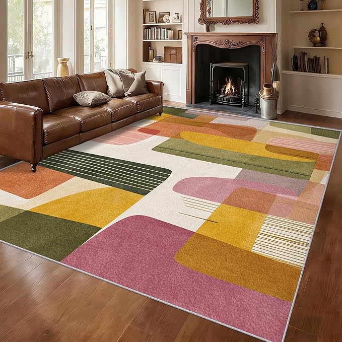 6x9 Mid Century Modern Rugs for Bedroom Decor, Washable Abstract Geometry Pattern Area Rug, Living Room Home Decoration, Non Slip Soft Thin, Boho Decor Carpet PF-P 117