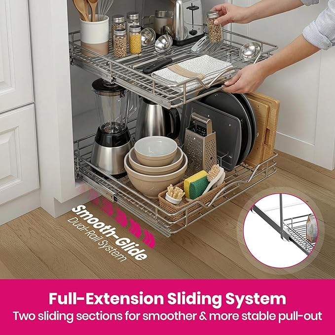 2-Tier Pull-Out Cabinet Organizer with Heavy-Duty Steel Frame, Full-Extension Sliding Shelves, Holds 100 lbs, Easy Install for Kitchen, Pantry & Under Sink Cabinets, 28" W x 21”D x 16.5" H