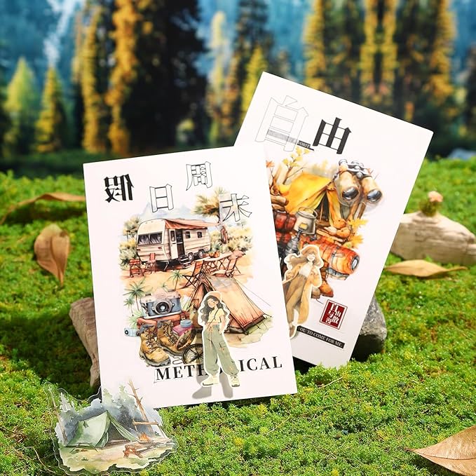 AuriicLeaf Forest Journey Camping PET Stickers, 120 Pcs Outdoor Adventure Ephemera for Scrapbooking, Journaling, DIY Crafting, and Art Supplies