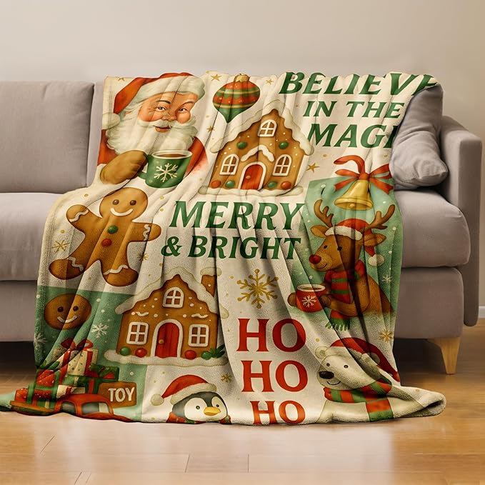Christmas Throw Blanket Gifts for Boys Girls Kids Adults, Santa Reindeer Gingerbread Flannel Blankets for Travel Sofa Living Room Decor 40"x50"