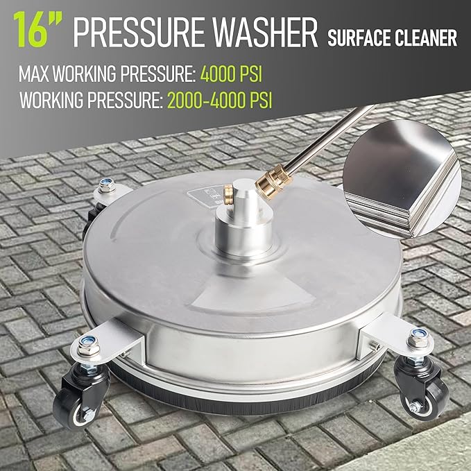 Hourleey 16" Pressure Washer Surface Cleaner, Stainless Steel Surface Cleaner with 4 Wheels for Concrete, Patio, Sidewalk, Deck, Pathway 1/4" Quick Connector, 2 Extension Wand, 4000 PSI