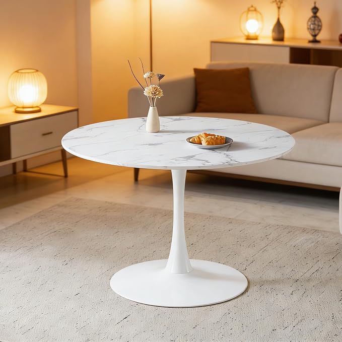 42" Tulip Table for 4-6 Persons Modern Round Dining Table, Mid-Century Modern White Marble Small Kitchen Table with MDF Wooden Top, Leisure Coffee Table for Living Room, Dining Room, Office