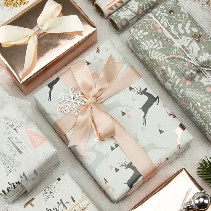 WRAPAHOLIC 30 Inch Christmas Wrapping Paper Roll - Jumbo Roll Rose Gold and Pink Holiday Design with Metallic Foil Shine - 4 Rolls - 30 Inch x 120 Inch Per Roll