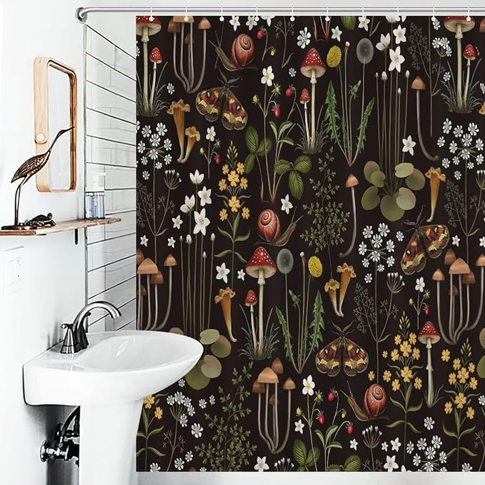 Mushroom Shower Curtain, Retro Wild Floral Botanical Mushroom Floral Moth Cottagecore Nature Plants Leave Herbs Black Farmhouse Waterproof Fabric Bathroom Shower Curtain Set with Hooks, 72"x78" Inch