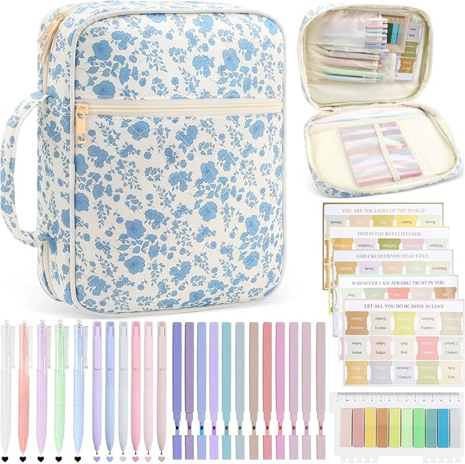 Lestp Bible Cover Case Study Supplies for Women Gifts Large Bible Cover with Highlighters Pens Tabs Cute Quilted Carrying Case Journal Kit Accessories Christian Gifts Sticky Notes A
