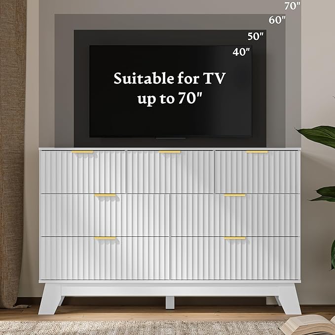 HUANLEGO Fluted Dresser for Bedroom with 7 Drawer, Mid Century Modern Chest of Drawers, 48" Wide Natural Wood Dresser for Closet, Wooden Boho Chest Closet Storage TV Stand for Bedroom, White