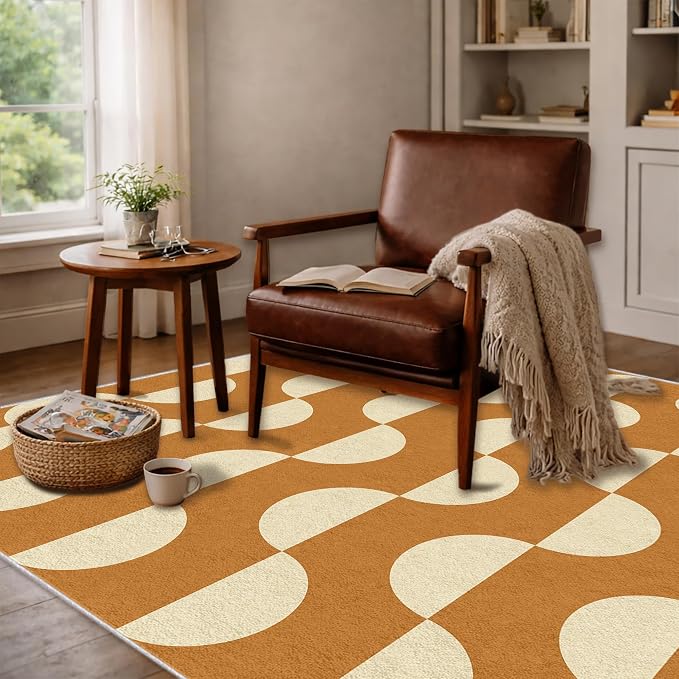 Caramel Dot Wave Area Rug 5 x 8 ft, Mid-Century Modern Geometric Rug, Brown Cream Abstract Washable Rug, Soft Low Pile Non-Slip Carpet for Living Room Bedroom Dining Room