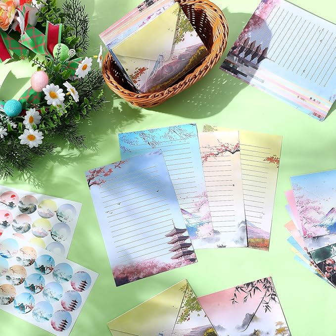 Outus 215 Pcs Japanese Stationary Set Including 70 Japanese Ink Painting Writing Papers 70 Envelopes 75 Round Stickers Watercolor Writing Stationery Paper for Invitations Office School Mail Supplies