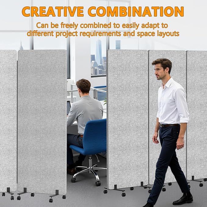 Soundproof Room Divider Panel with Wheels, 66in Portable Office Partition Screen, 3 Panel Temporary Wall Divider for Sound Proof Separation, Cubicle Privacy Panels for Desk (Light Grey)
