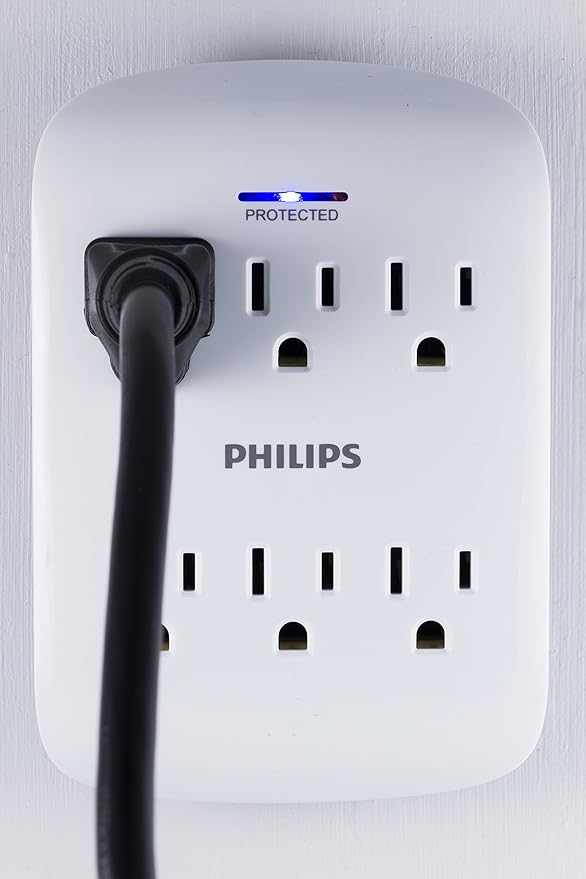 Philips 6-Outlet Extender Surge Protector, 2 Pack, Wall Tap, 900 Joules, 3-Prong, Space Saving Design, Protection Indicator LED Light, ETL Listed, White, SPP3466WA/37