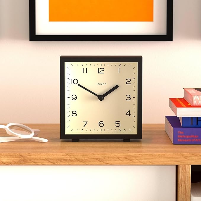 JONES CLOCKS® Disco Desk Clock | Sleek Square Design | Black | Stylish and Easy to Read for Shelf, Table, Mantel or Bedside