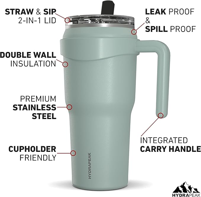 Hydrapeak Roadster 40oz Stainless Steel Tumbler Double Wall Vacuum Insulated Water Bottle With Handle And 2 in 1 Straw Lid (Pale Sage)