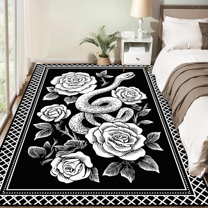 4'x6' Gothic Snake and Rose Area Rug Black and White Floral Vine Floor Mat Retro Boho Carpet Washable Low Pile Indoor Rugs for Entryway Bedroom Living Room Kitchen Home Decor