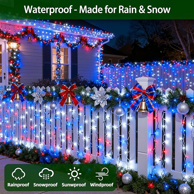 1500 LED Chrstmas Lights, 470ft Outdoor Christmas String Lights with 12 Modes, Red White and Blue LED String Lights with Timer Dimmable Waterproof for Tree Fence Garden Xmas Wedding Party Decor