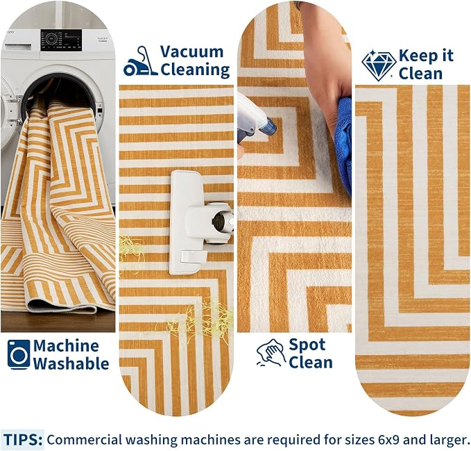 Washable Modern Lines Rug 9x12 Area Rug for Living Room Neutral Modern Geometric Rugs Low Pile Soft Bedroom Carpet Thin Foldable Abstract Floor Carpet for Dining Kids Room Playroom, Orange Yellow