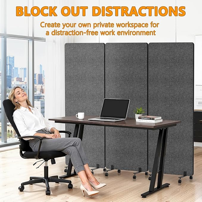 Soundproof Room Divider Panel with Wheels, 66in Portable Office Partition Screen, 3 Panel Temporary Wall Divider for Sound Proof Separation, Cubicle Privacy Panels for Desk (Dark Gray)