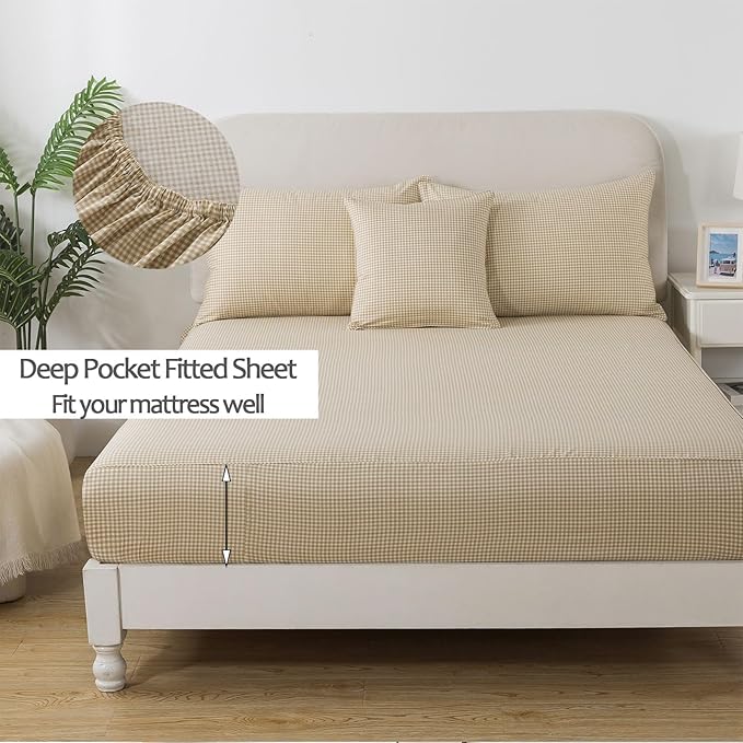 FADFAY Brown Plaid Queen Size Sheets 100% Cotton Geometric Checker Bedding Teens Grid White Gingham Pattern College Bedding Deep Pocket Sheets with 2 Pillowcases Ultra Soft 4pcs, Queen Size