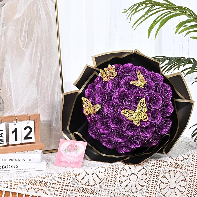 Waipfaru 36 Pcs Glitter Roses Bouquet, DIY Fake Flowers Bouquet, Artificial Purple Rose Bouquet for Valentines, Mothers Day Gifts, Anniversary, Engagement, Wedding