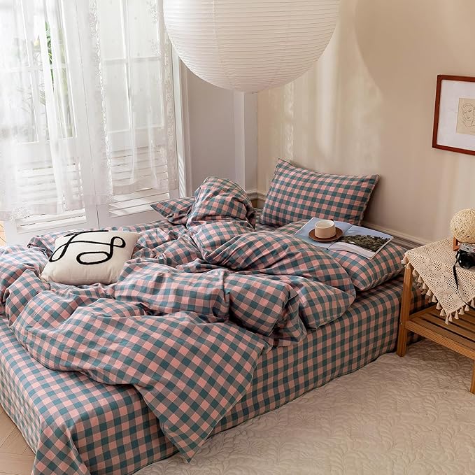Queen Comforter Set Modern Style Checkered Pattern Comforter Purple Pink Plaid Bedding Comforter Lightweight Fluffy Soft Boho Grid Bedding Geometric Plaid Comforter Set Queen with 2 Pillowcases